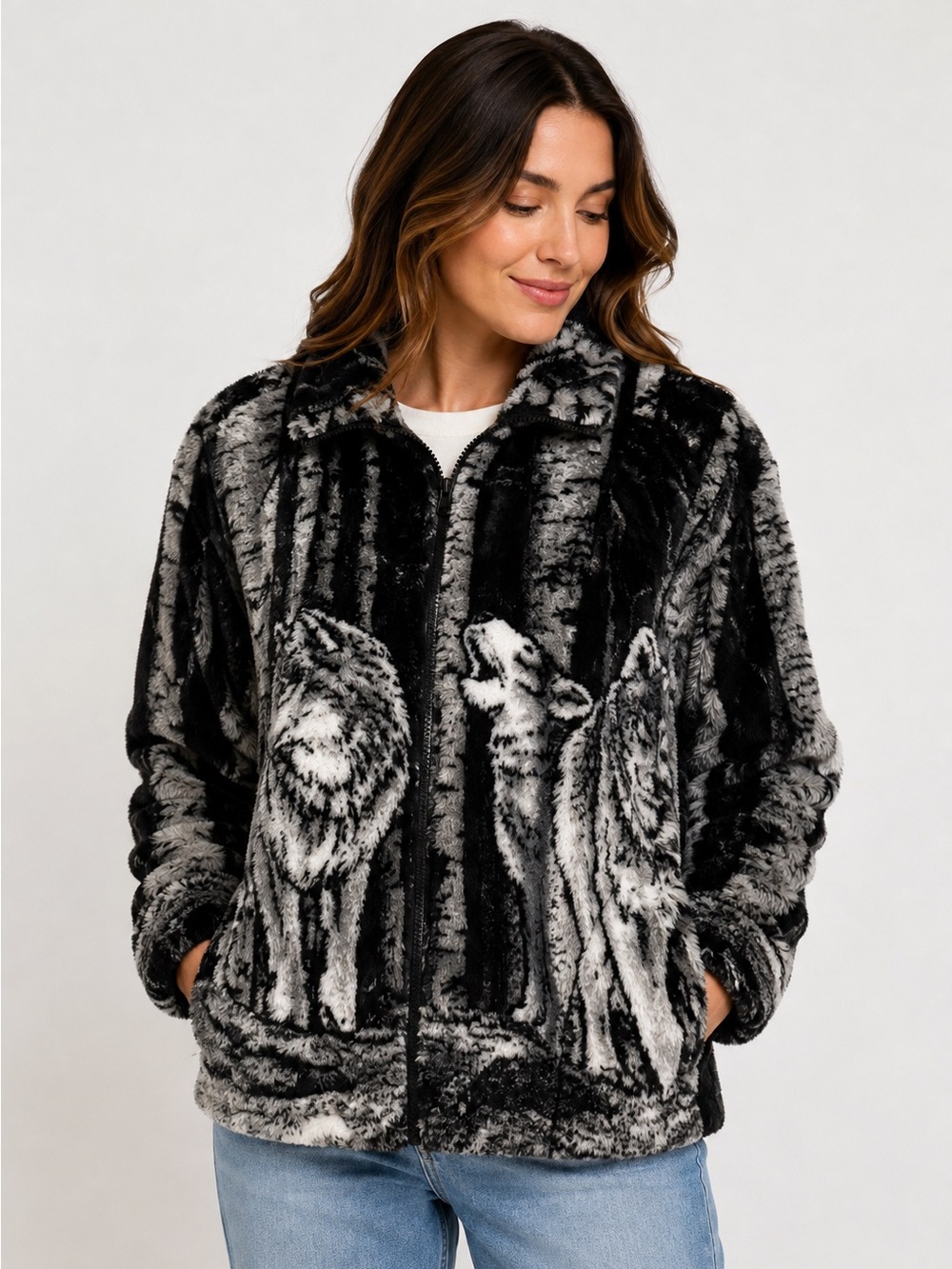 Vintage Black Mountain Wolf Forest Plush Fleece Jacket XL Y2K Full Zip